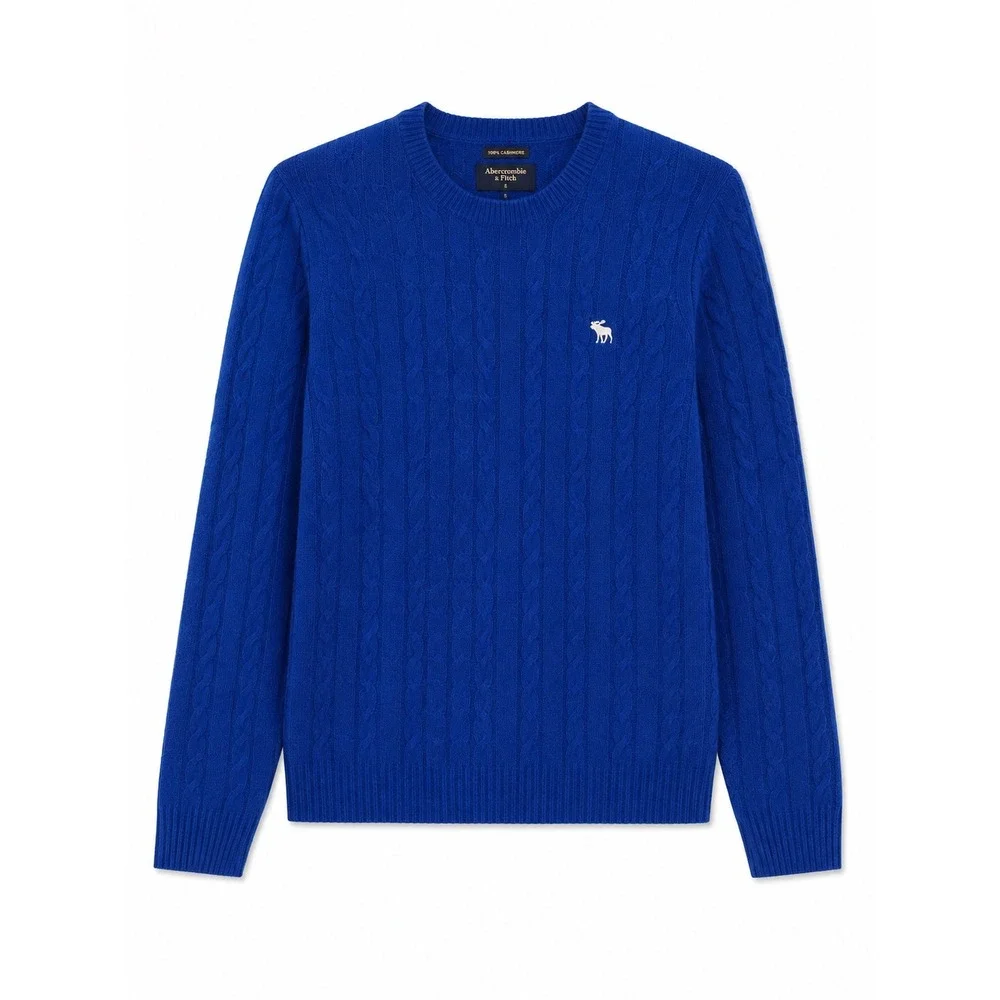 Abercrombie & Fitch Mens L 100% Cashmere Cable Knit Sweater Blue Moose Crewneck